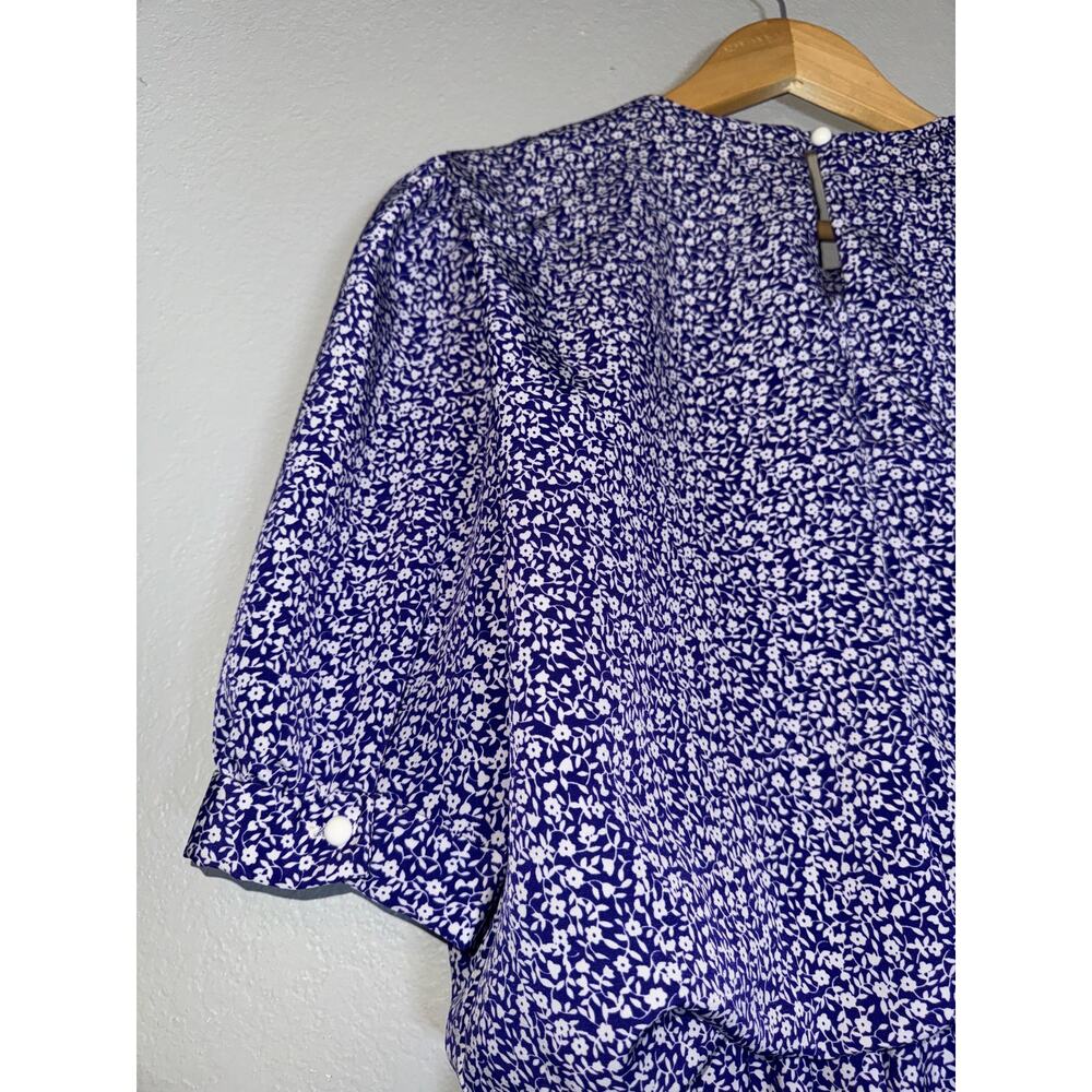 Vintage 80s Pleated Secretary Dress Sz 10 Midi Purple Floral Retro Short Sleeve - Picture 7 of 10
